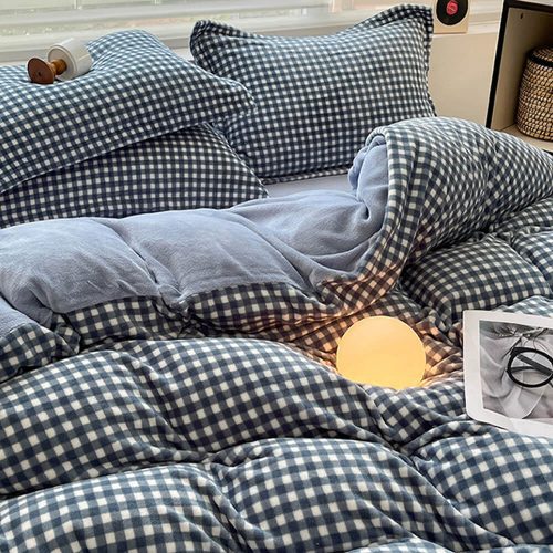 Anti Static Cozy Plaid Milk Velvet Bed Sheet Set 16