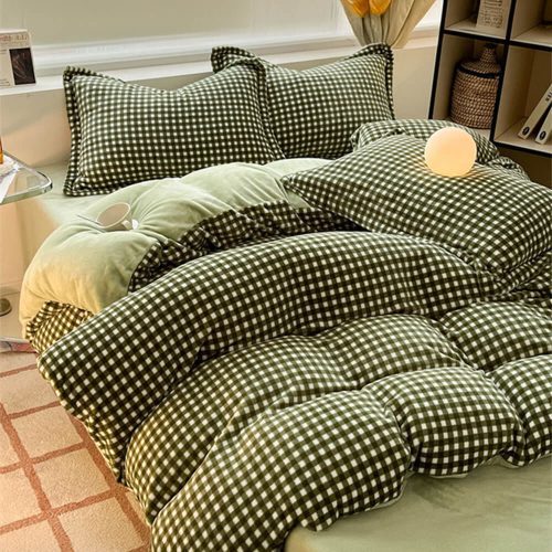 Anti Static Cozy Plaid Milk Velvet Bed Sheet Set 19