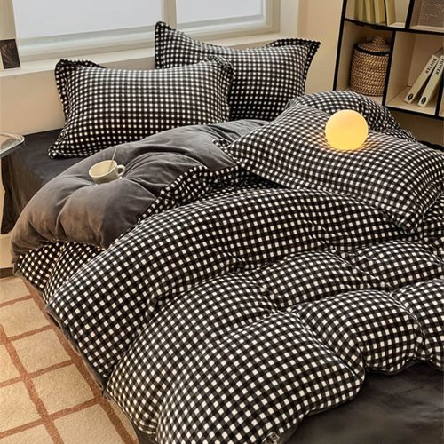 Anti Static Cozy Plaid Milk Velvet Bed Sheet Set 6