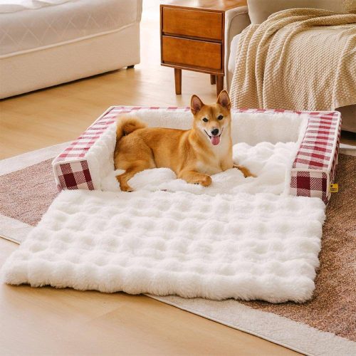 ClassicPlaidErgonomicCalmingDogBed Expandable Washable 16