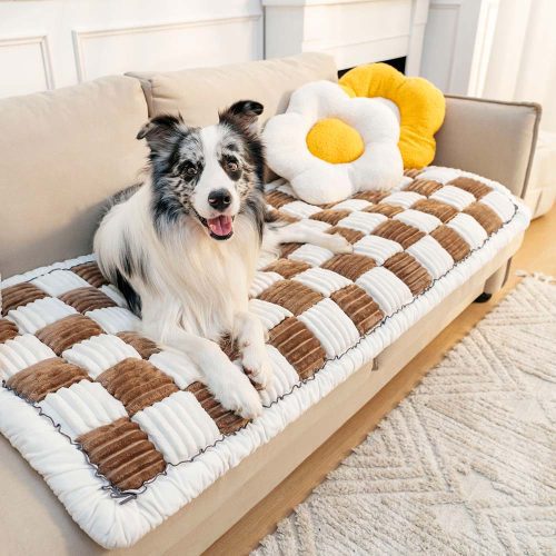 Cream coloredLargePlaidSquareFuzzyPetDogMat 21