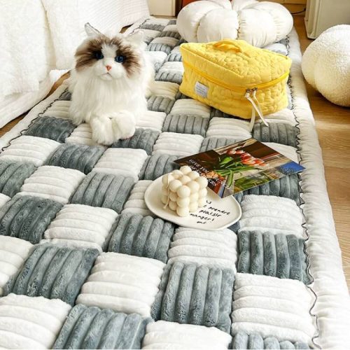 Cream coloredLargePlaidSquareFuzzyPetDogMat 7