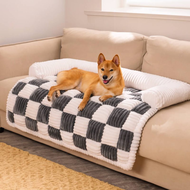 CreamSquarePlaidCozyDogMatFurnitureProtectorCover 1