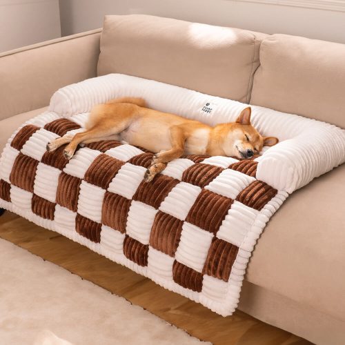 CreamSquarePlaidCozyDogMatFurnitureProtectorCover 3