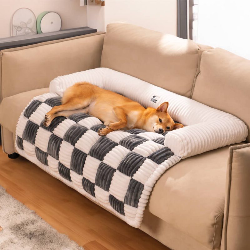 CreamSquarePlaidCozyDogMatFurnitureProtectorCover 5