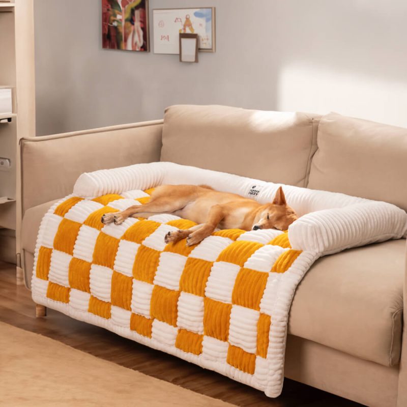 CreamSquarePlaidCozyDogMatFurnitureProtectorCover 8