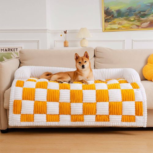 CreamSquarePlaidCozyDogMatFurnitureProtector 1