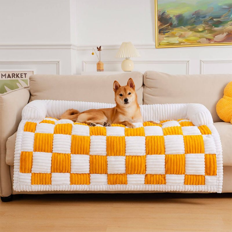 CreamSquarePlaidCozyDogMatFurnitureProtector 1