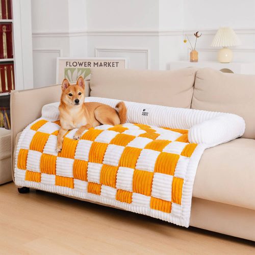 CreamSquarePlaidCozyDogMatFurnitureProtector 5