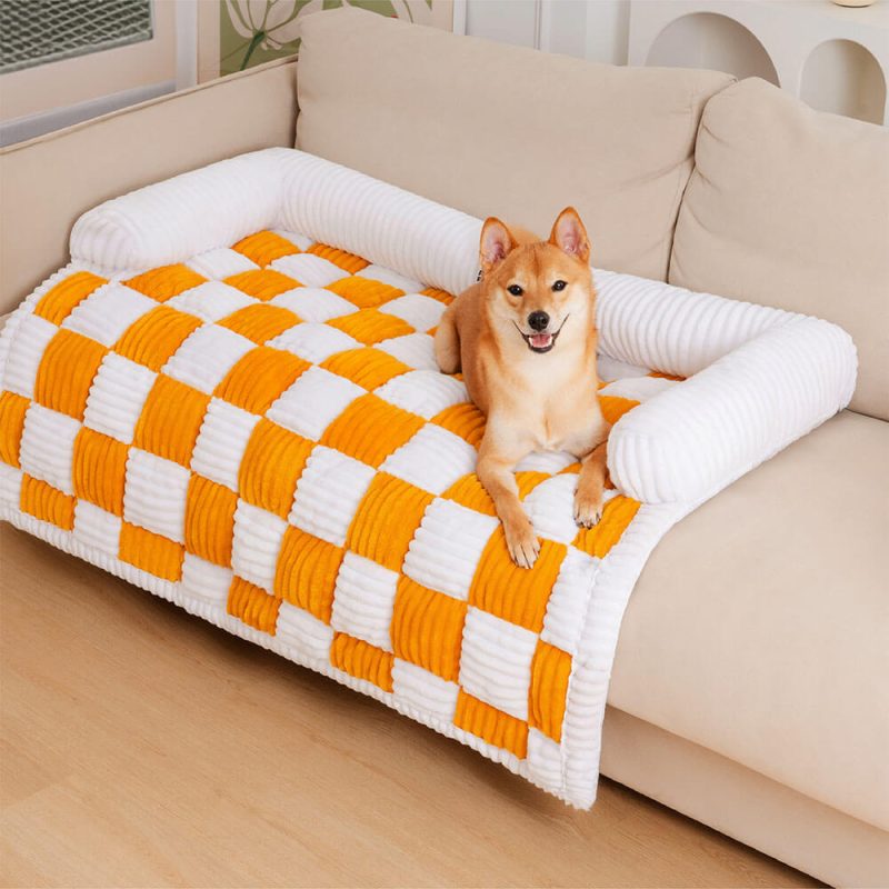 CreamSquarePlaidCozyDogMatSofaProtectorCouchCover 2