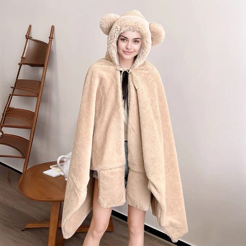 FUNNYFUZZYBearEarSoftPlushWearableHoodedThrowBlanketCape 2