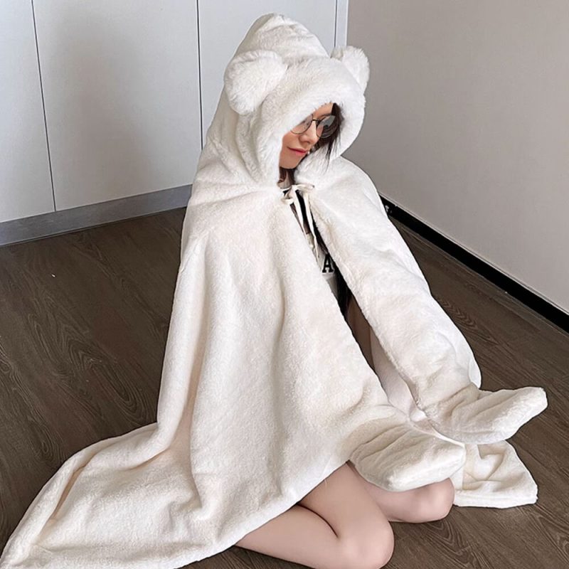 FUNNYFUZZYBearEarSoftPlushWearableHoodedThrowBlanketCape 5