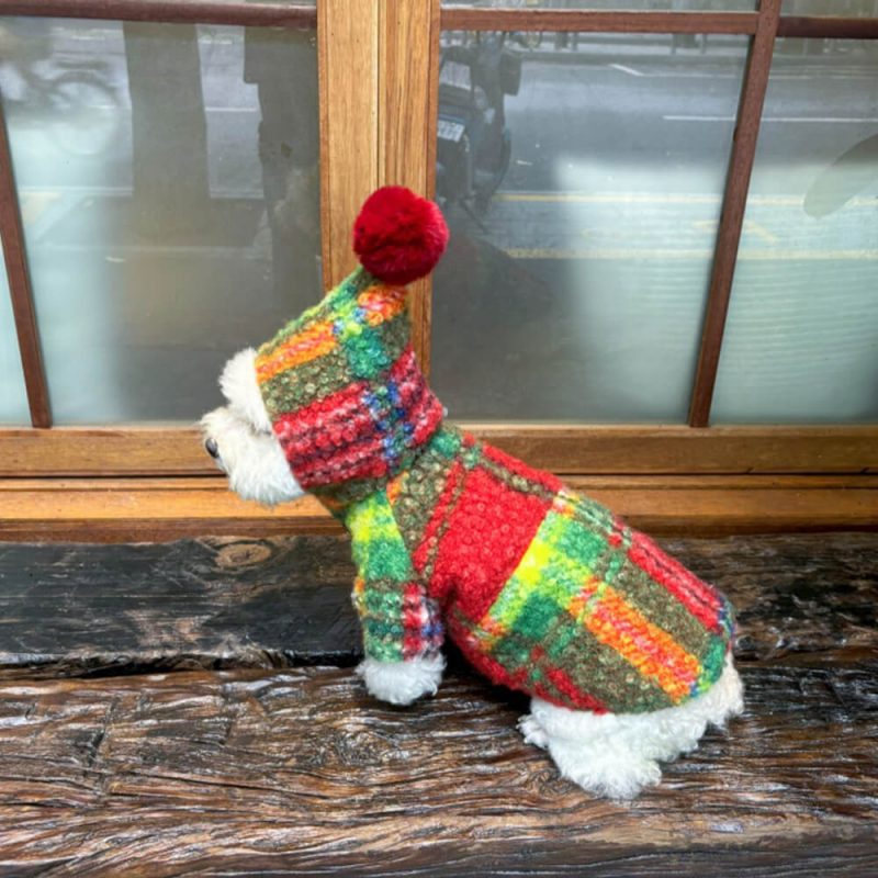 FUNNYFUZZYChristmasPlaidWoolenWarmPomPomHoodedDogCoat 4 10509d20 4f75 4882 9f3f ed42dafa173f