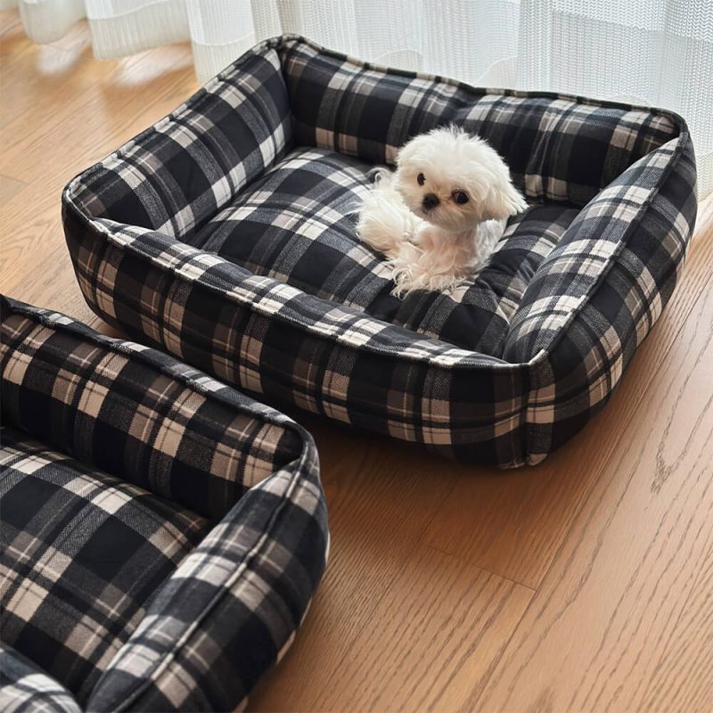 FUNNYFUZZYDurableBlackPlaidWarmFullSurroundSupportDog CatBed 1