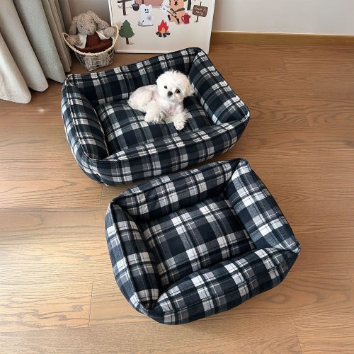 FUNNYFUZZYDurableBlackPlaidWarmFullSurroundSupportDog CatBed 2