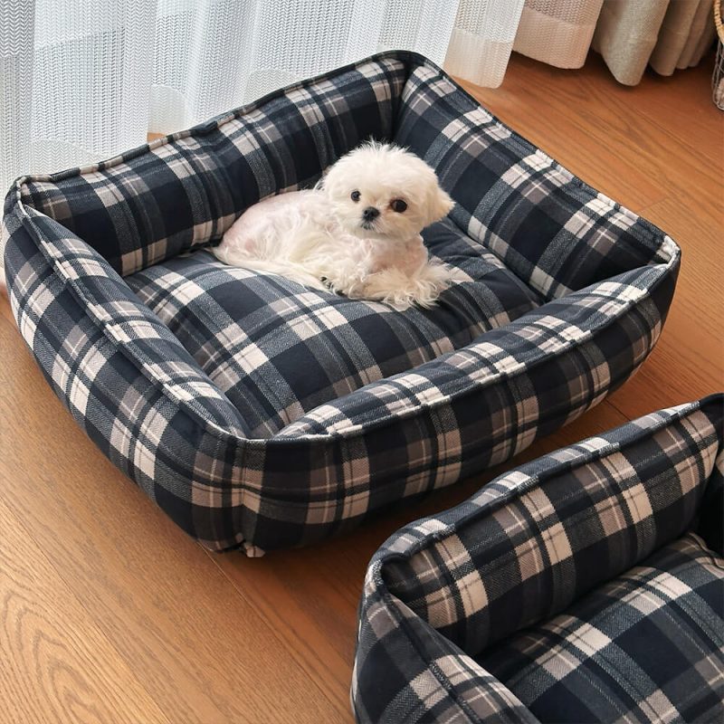 FUNNYFUZZYDurableBlackPlaidWarmFullSurroundSupportDog CatBed 3