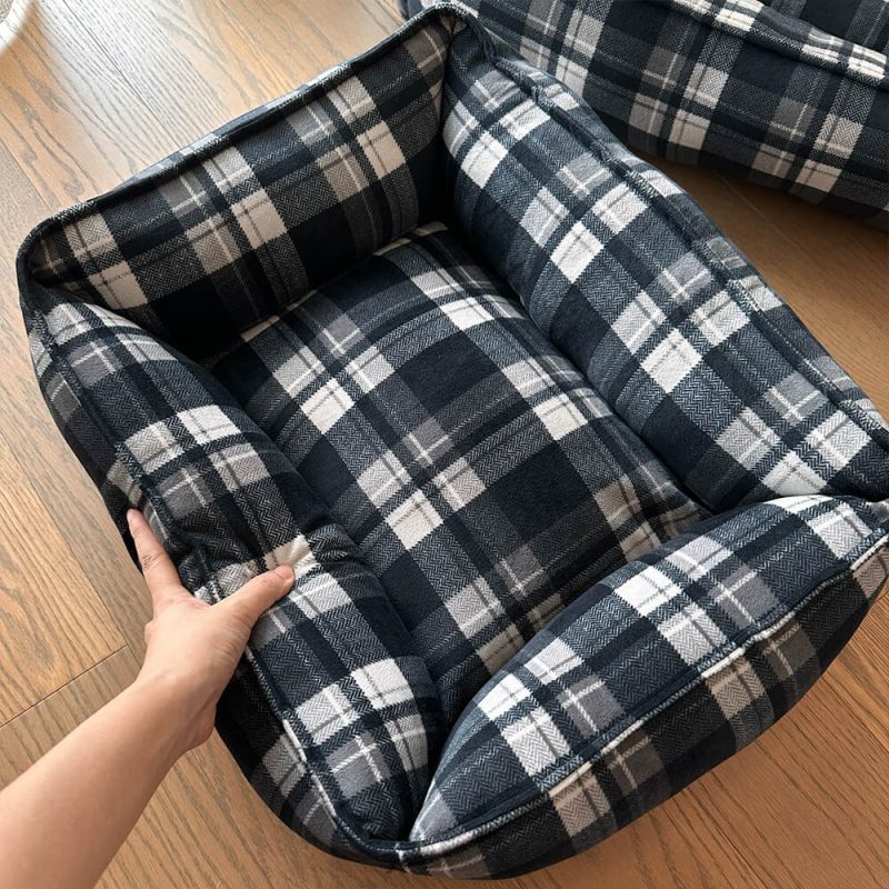 FUNNYFUZZYDurableBlackPlaidWarmFullSurroundSupportDog CatBed 4