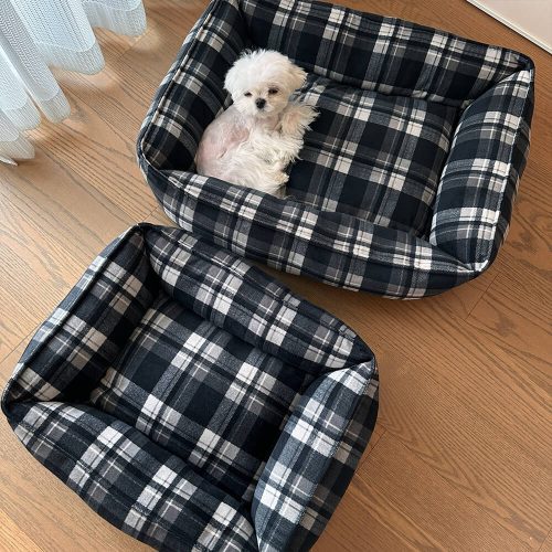 FUNNYFUZZYDurableBlackPlaidWarmFullSurroundSupportDog CatBed 5