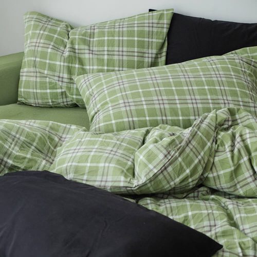 FUNNYFUZZYGreenPlaidSoftComfortableCottonBedSheetSet 1