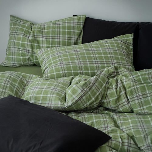 FUNNYFUZZYGreenPlaidSoftComfortableCottonBedSheetSet 10