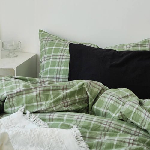 FUNNYFUZZYGreenPlaidSoftComfortableCottonBedSheetSet 11