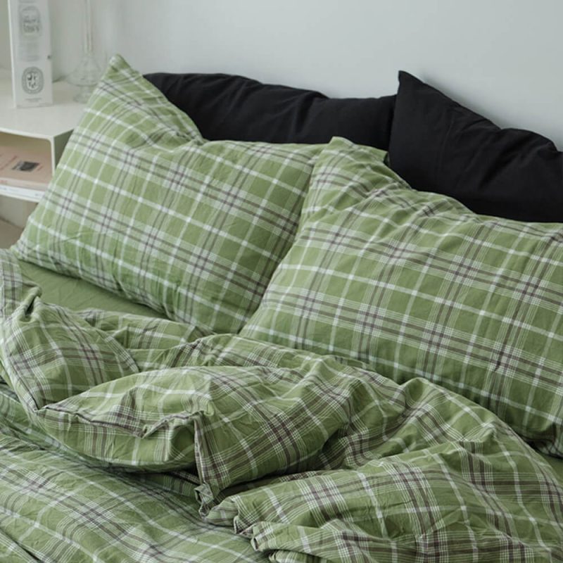 FUNNYFUZZYGreenPlaidSoftComfortableCottonBedSheetSet 13