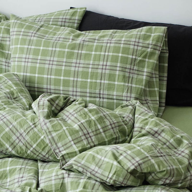 FUNNYFUZZYGreenPlaidSoftComfortableCottonBedSheetSet 15