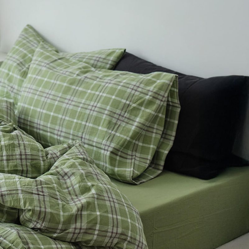 FUNNYFUZZYGreenPlaidSoftComfortableCottonBedSheetSet 2