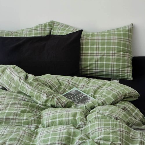 FUNNYFUZZYGreenPlaidSoftComfortableCottonBedSheetSet 3