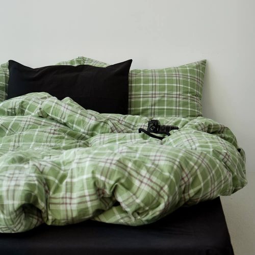 FUNNYFUZZYGreenPlaidSoftComfortableCottonBedSheetSet 4