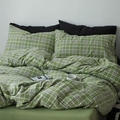 FUNNYFUZZYGreenPlaidSoftComfortableCottonBedSheetSet 6