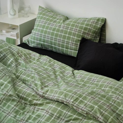 FUNNYFUZZYGreenPlaidSoftComfortableCottonBedSheetSet 9