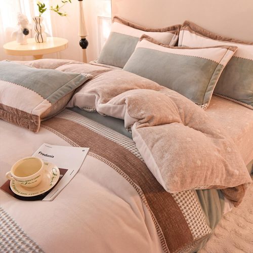 FUNNYFUZZYStripedCoralFleeceSoftTexturedWarmBedSheetSet 12