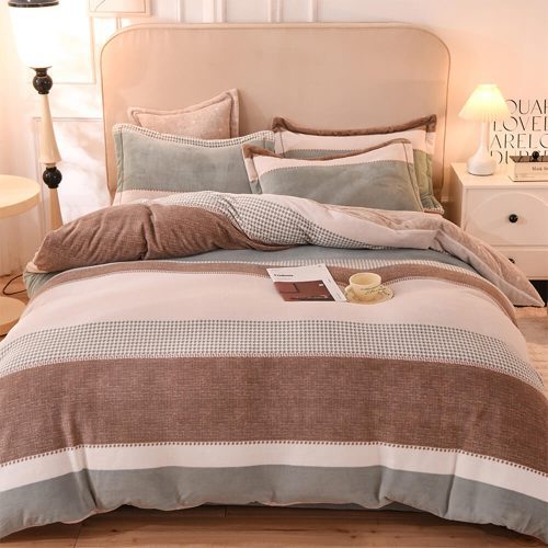 FUNNYFUZZYStripedCoralFleeceSoftTexturedWarmBedSheetSet 2