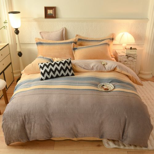 FUNNYFUZZYStripedCoralFleeceSoftTexturedWarmBedSheetSet 3