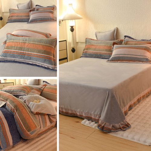 FUNNYFUZZYStripedCoralFleeceSoftTexturedWarmBedSheetSet 6