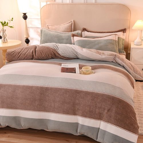 FUNNYFUZZYStripedCoralFleeceSoftTexturedWarmBedSheetSet 7