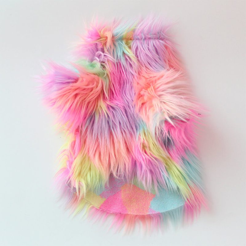 FUNNYFUZZYStylishColorfulFauxFurFluffyRainbowDogCoat 11