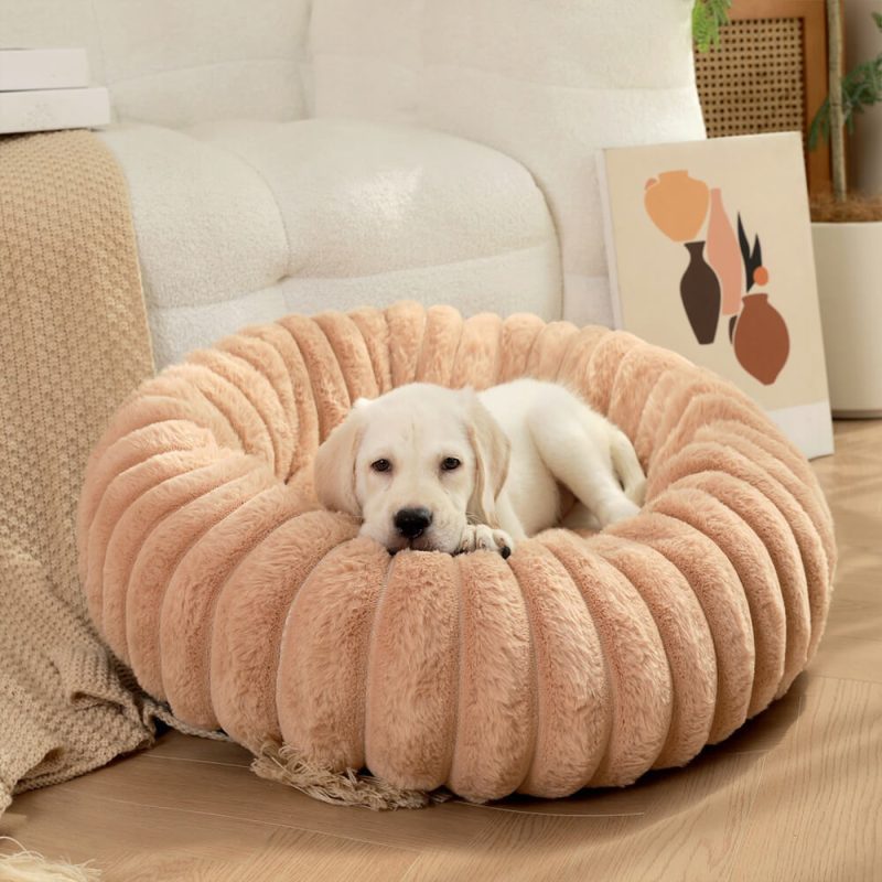 FUNNYFUZZYUltra SoftPlushRoundDonutSupportDog CatBed 8