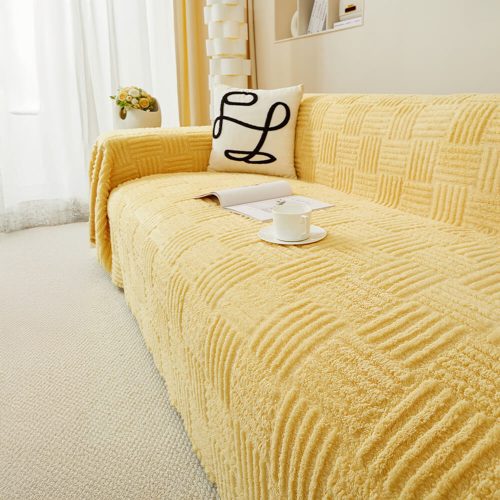 FUNNYFUZZY Irregular Checkerboard Striped Puff Velvet Couch Cover 3