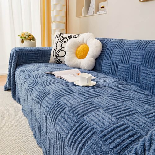 FUNNYFUZZY Irregular Checkerboard Striped Puff Velvet Couch Cover 8