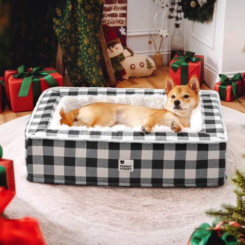 FestiveClassicTartanCozyDogAnti AnxietyCalmingBed Black XL M L