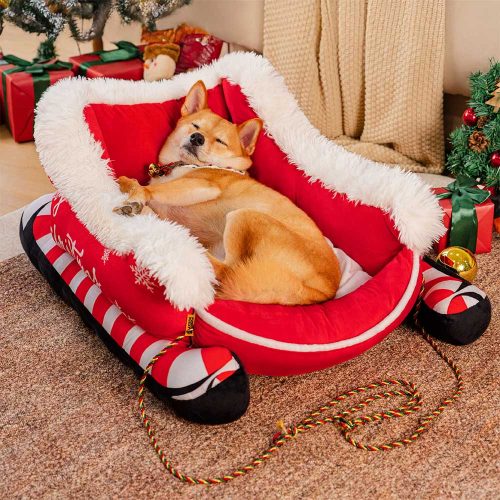 FestivePlushCozyDogBed ChristmasSleigh 1