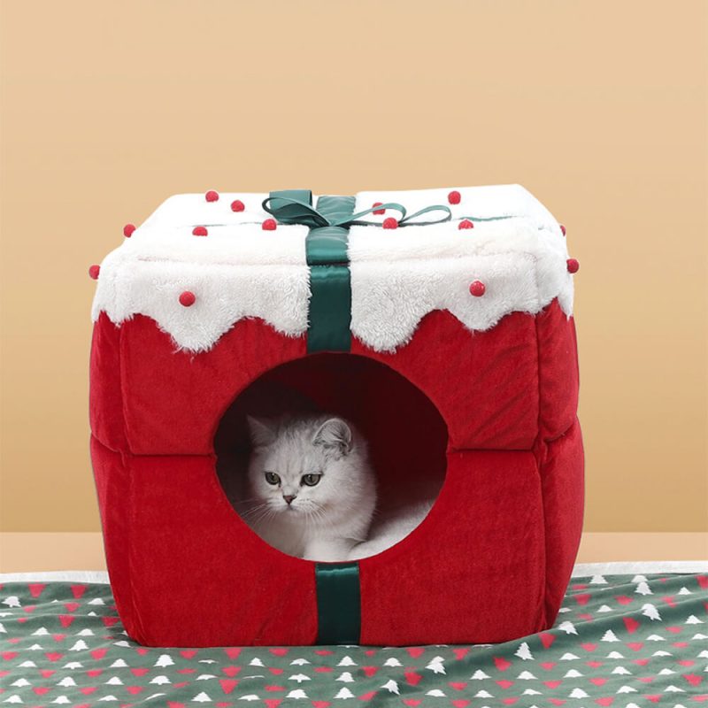 FunnyFuzzyChristmasGiftBoxWarmSleepingSemi EnclosedCaveDog CatBed 3