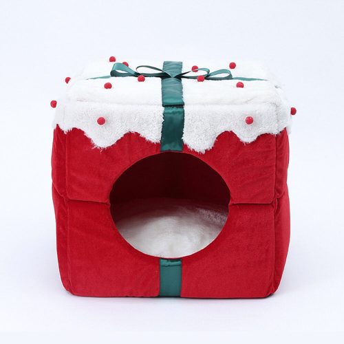 FunnyFuzzyChristmasGiftBoxWarmSleepingSemi EnclosedCaveDog CatBed 4