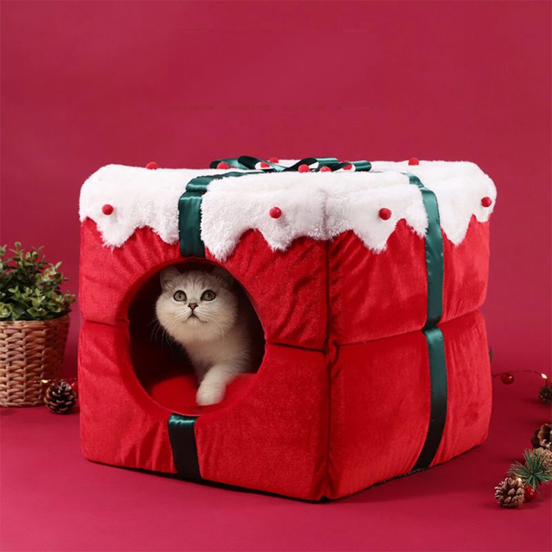 FunnyFuzzyChristmasGiftBoxWarmSleepingSemi EnclosedCaveDog CatBed 6