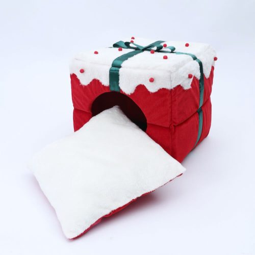 FunnyFuzzyChristmasGiftBoxWarmSleepingSemi EnclosedCaveDog CatBed 8