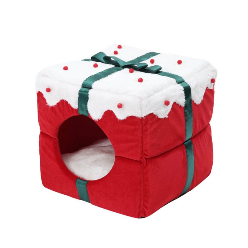 FunnyFuzzyChristmasGiftBoxWarmSleepingSemi EnclosedCaveDog CatBed 9