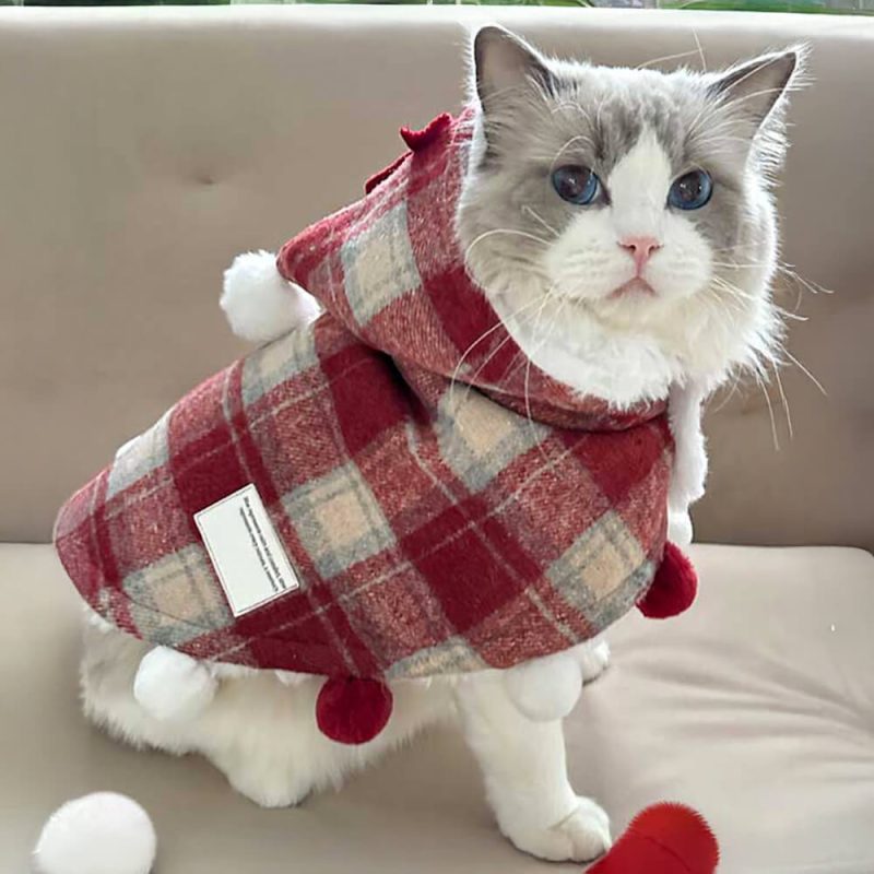 FunnyFuzzyChristmasPlaidFauxMinkFurHoodedPomPomDog CatCape 2