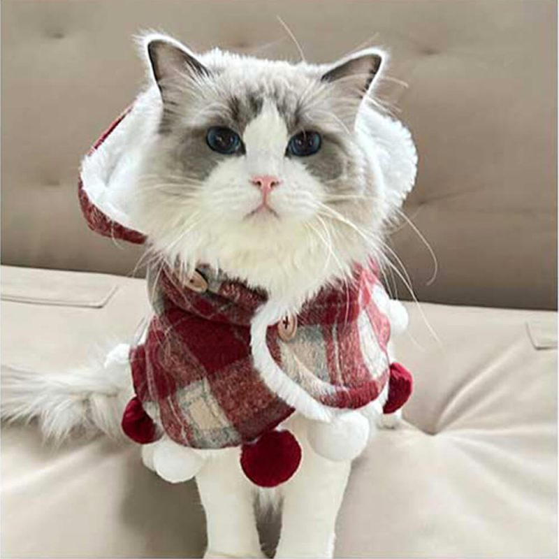 FunnyFuzzyChristmasPlaidFauxMinkFurHoodedPomPomDog CatCape 3